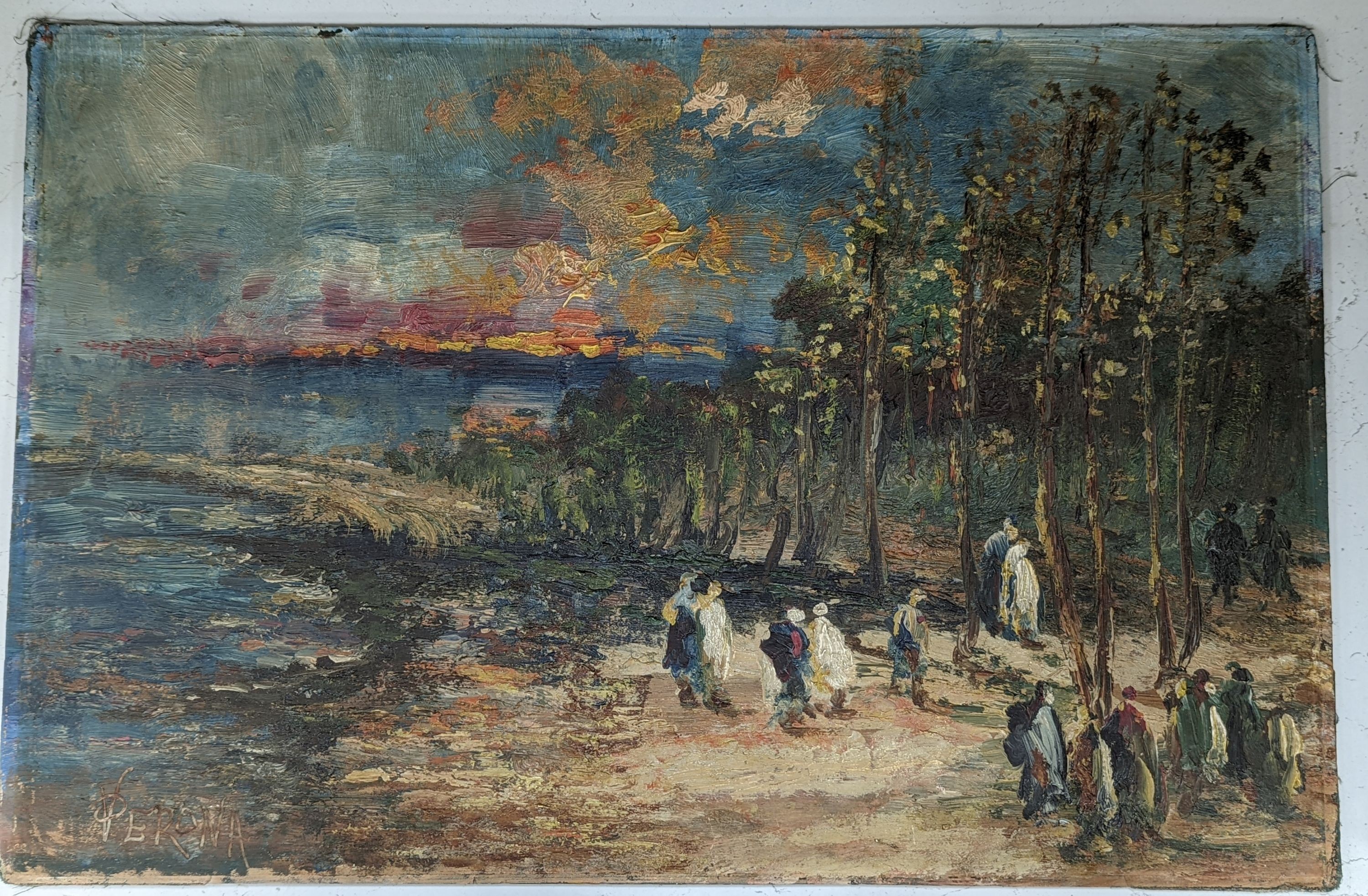 Paul Verona (1897-1966), oil on board, Figures on the shore at sunset, signed, 37 x 56cm, unframed